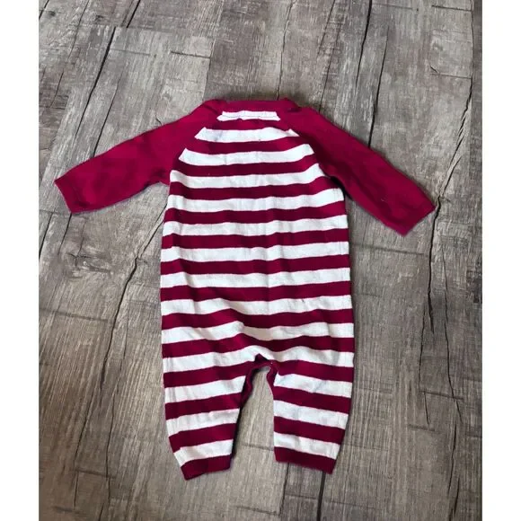 Cat & Jack Red White Stripe Knit Romper 0-3 Months Long Sleeve Snaps - Picture 3 of 3